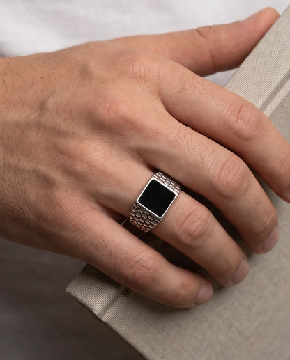 Onyx-Style Square Inlay Brick-Link Band Silver Ring