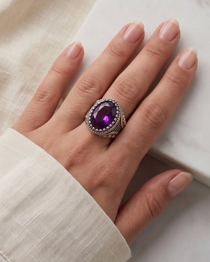 Amethyst Gemstone Beaded Bezel Filigree Silver Ring
