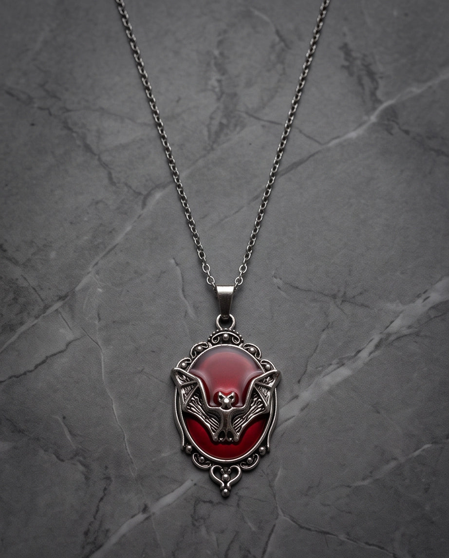 Antique Silver Gothic Bat Red Enamel Medallion Chain Necklace