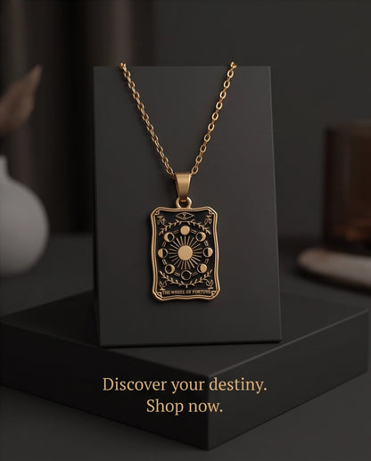 Gold "The Wheel of Fortune" Tarot Card Pendant Necklace