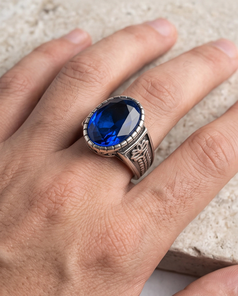 Sapphire Gemstone Notched Bezel Floral Scale Silver Ring