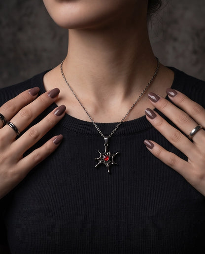 Black Spiderweb Red Heart Gem Pendant Necklace