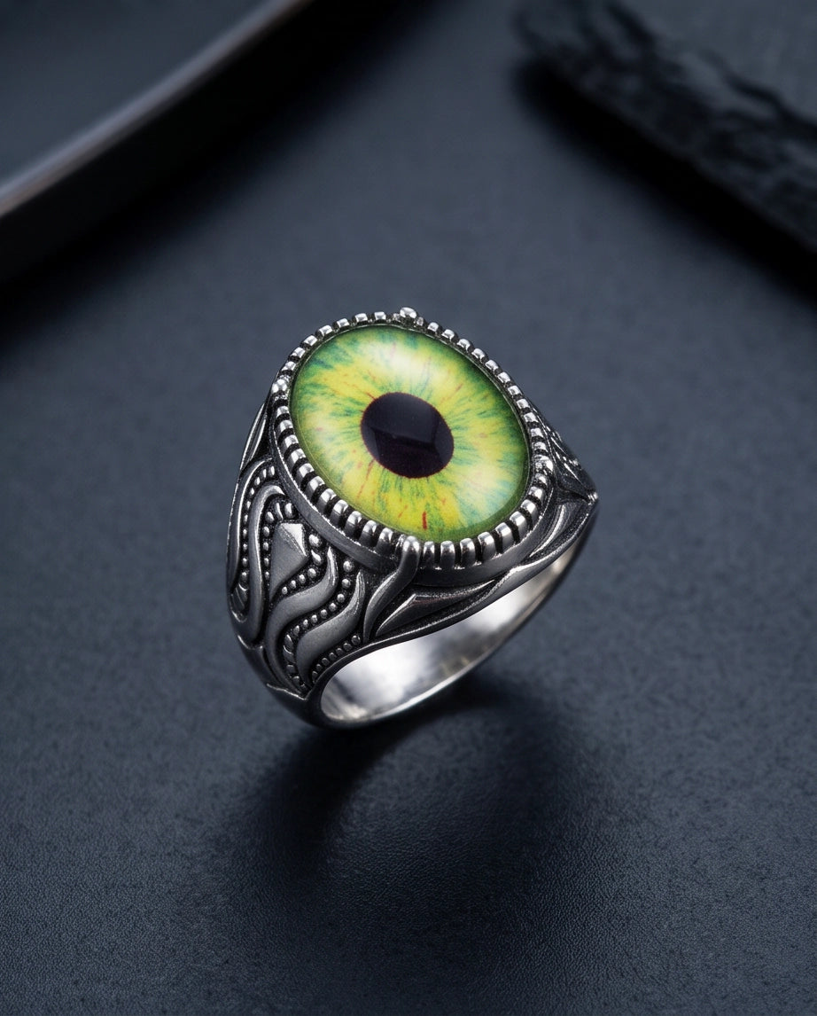 Lime-Green Elliptical-Pupil Dragon-Eye Ornate Scrollwork Silver Ring