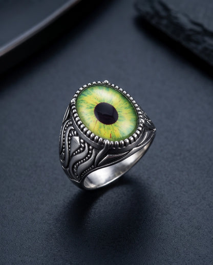 Lime-Green Elliptical-Pupil Dragon-Eye Ornate Scrollwork Silver Ring