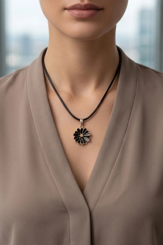 Gold and Black Sunflower Pendant Necklace