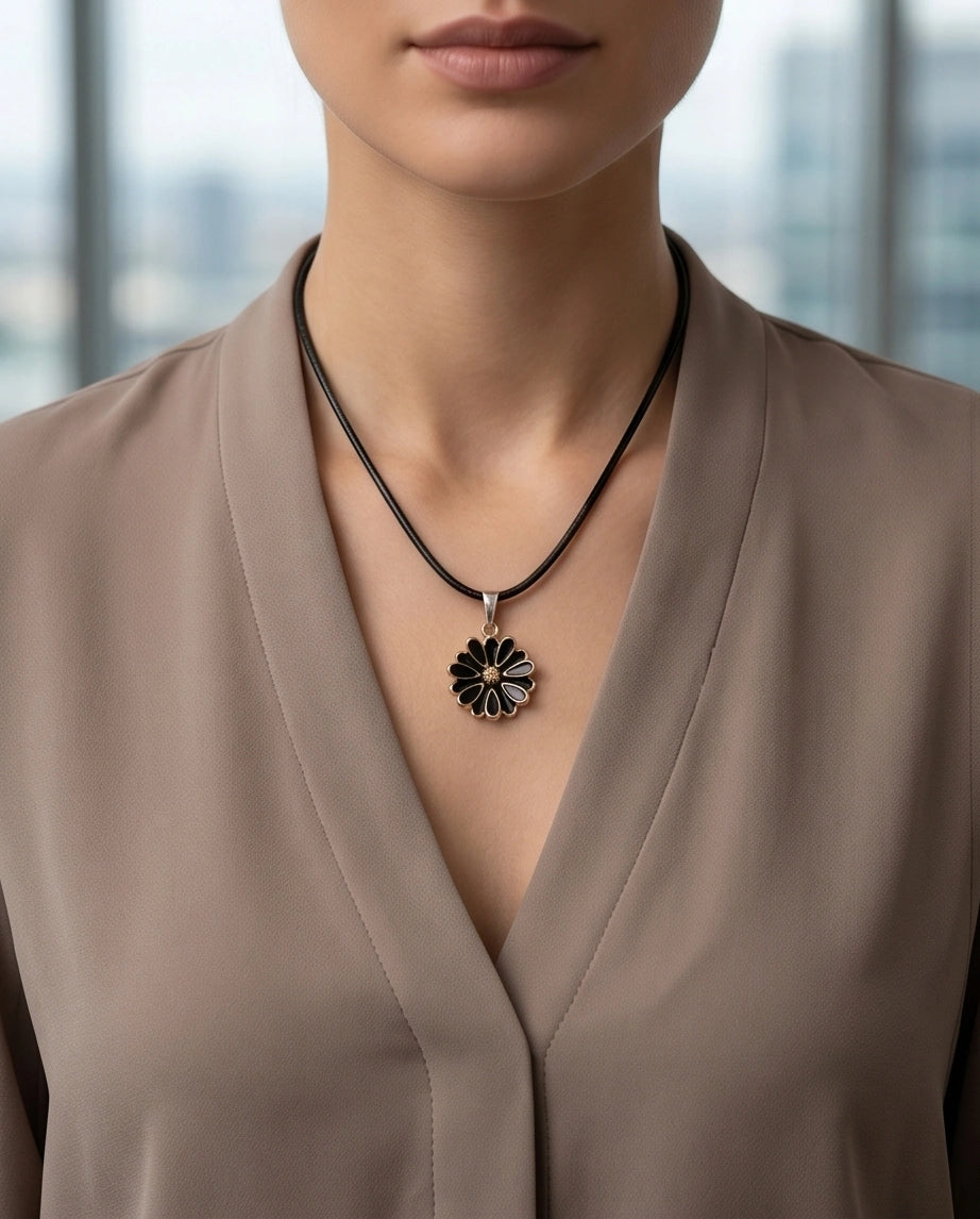 Gold and Black Sunflower Pendant Necklace