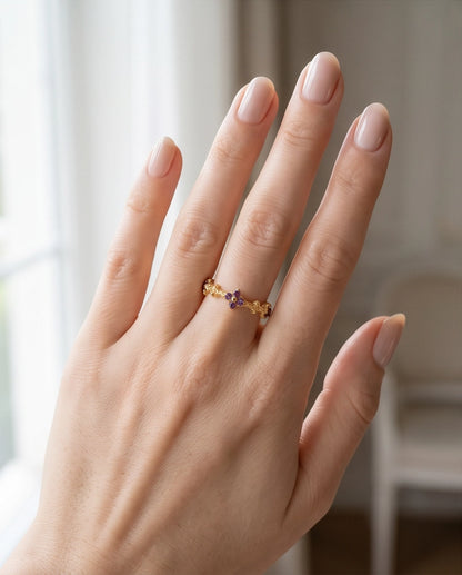 Gold Textured Floral Purple Gemstone Eternity Ring