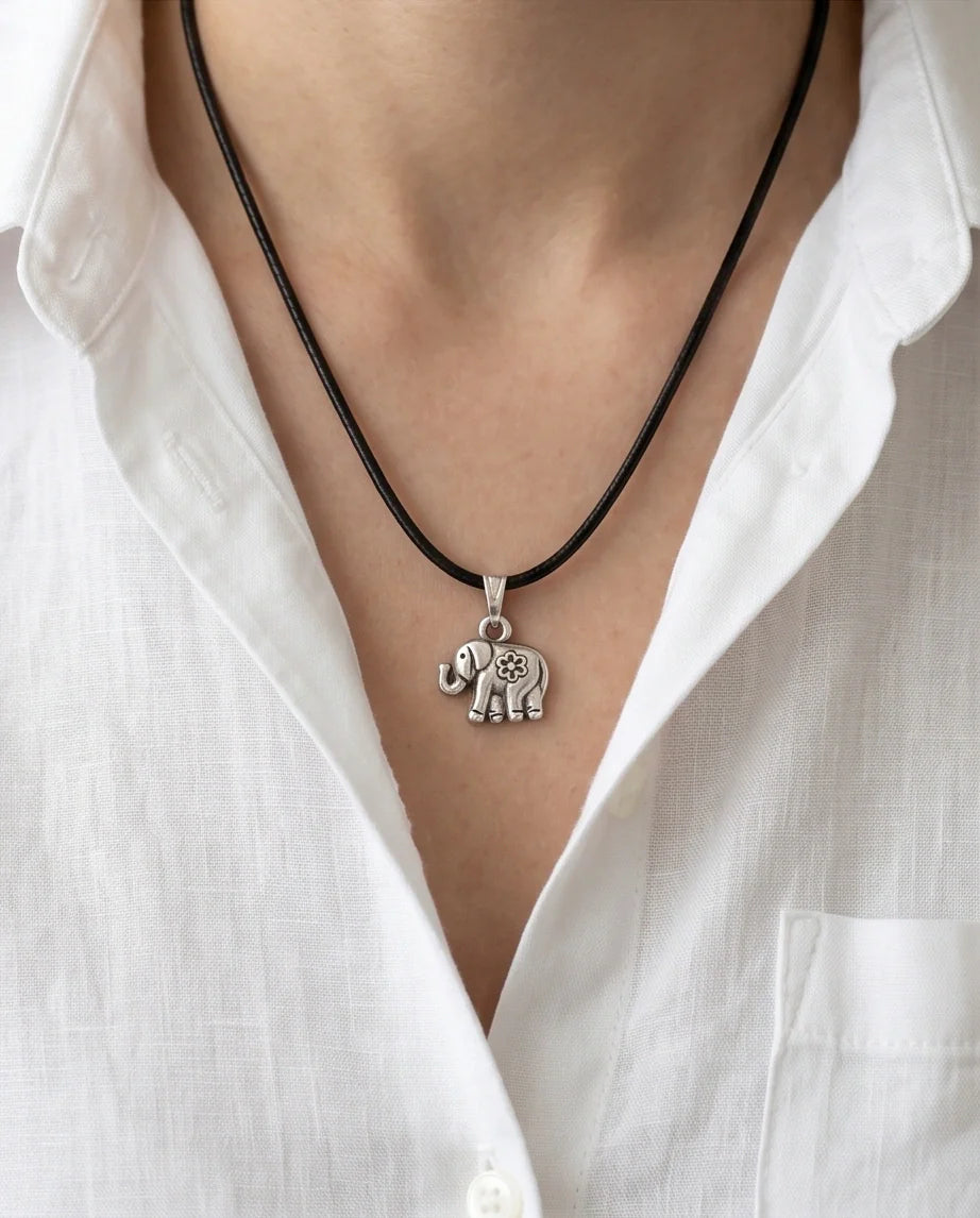 Silver Flower Detail Elephant Necklace