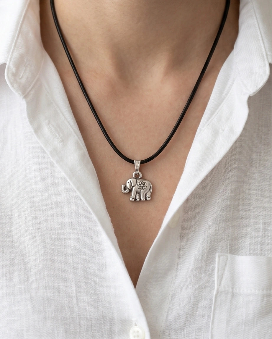 Silver Flower Detail Elephant Necklace