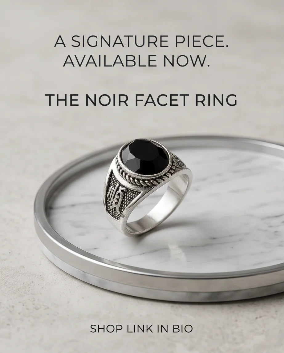 Onyx-Style Faceted Oval Rope-Trim Kanji Character Silver Ring