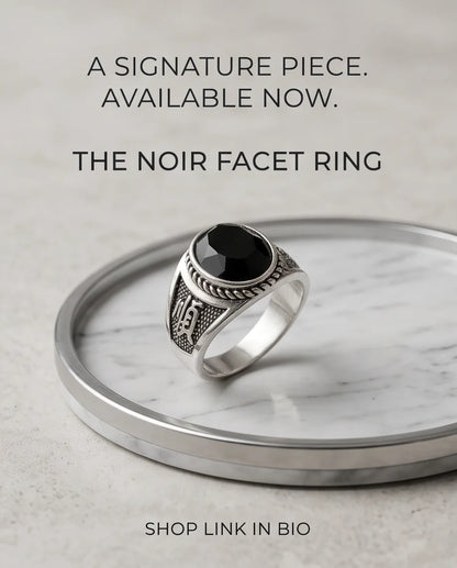 Onyx-Style Faceted Oval Rope-Trim Kanji Character Silver Ring