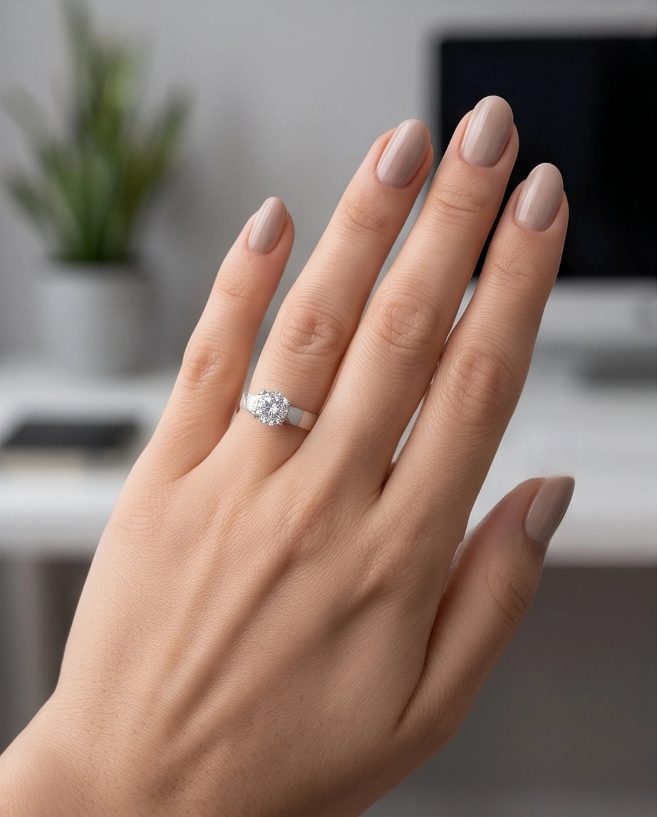 Silver Round Gemstone Crown Band Solitaire Ring