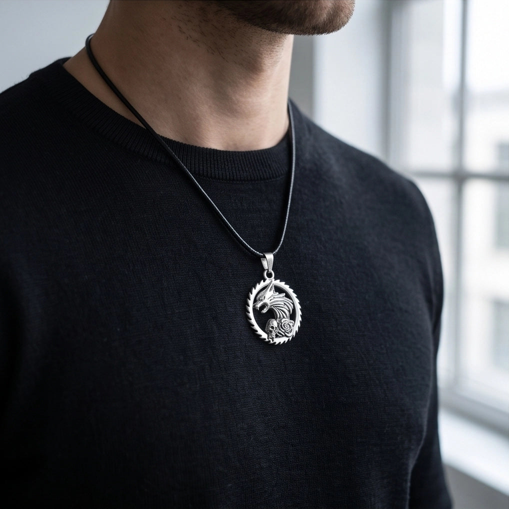 Silver Wolf and Skull Medallion Cord Necklace