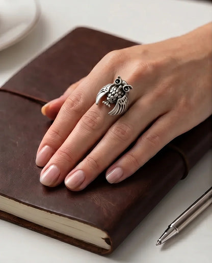 Vintage Silver Oxidized Owl Wisdom Statement Ring