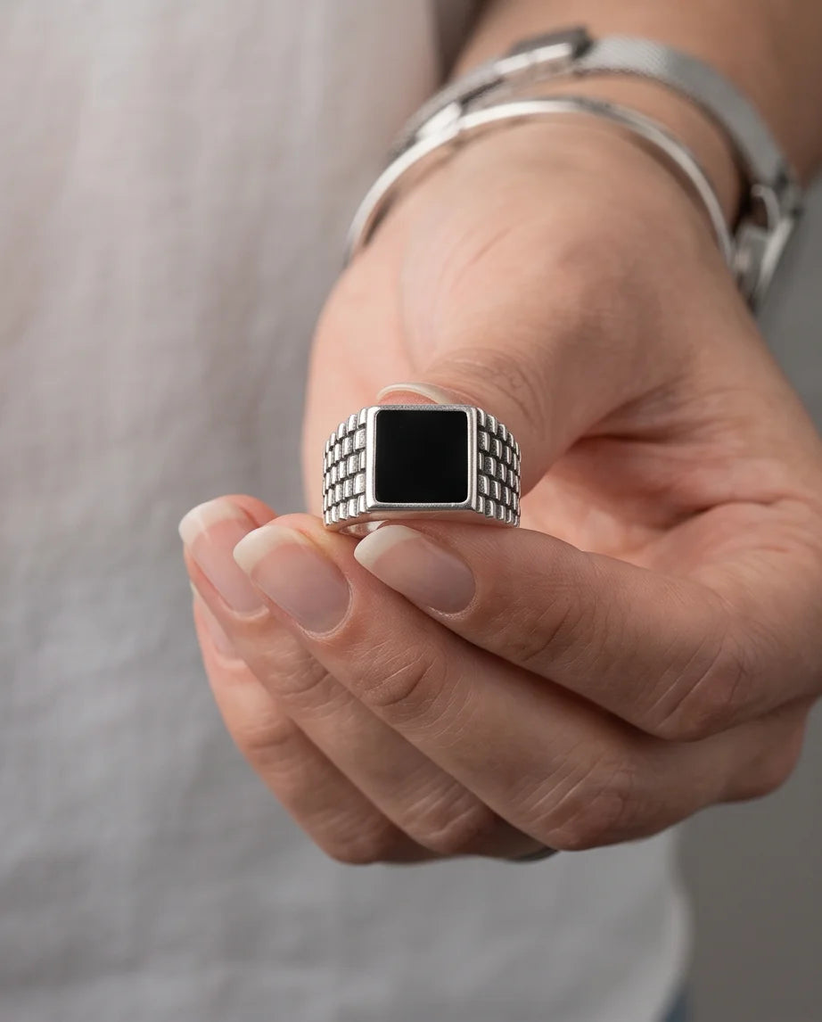 Onyx-Style Square Inlay Brick-Link Band Silver Ring