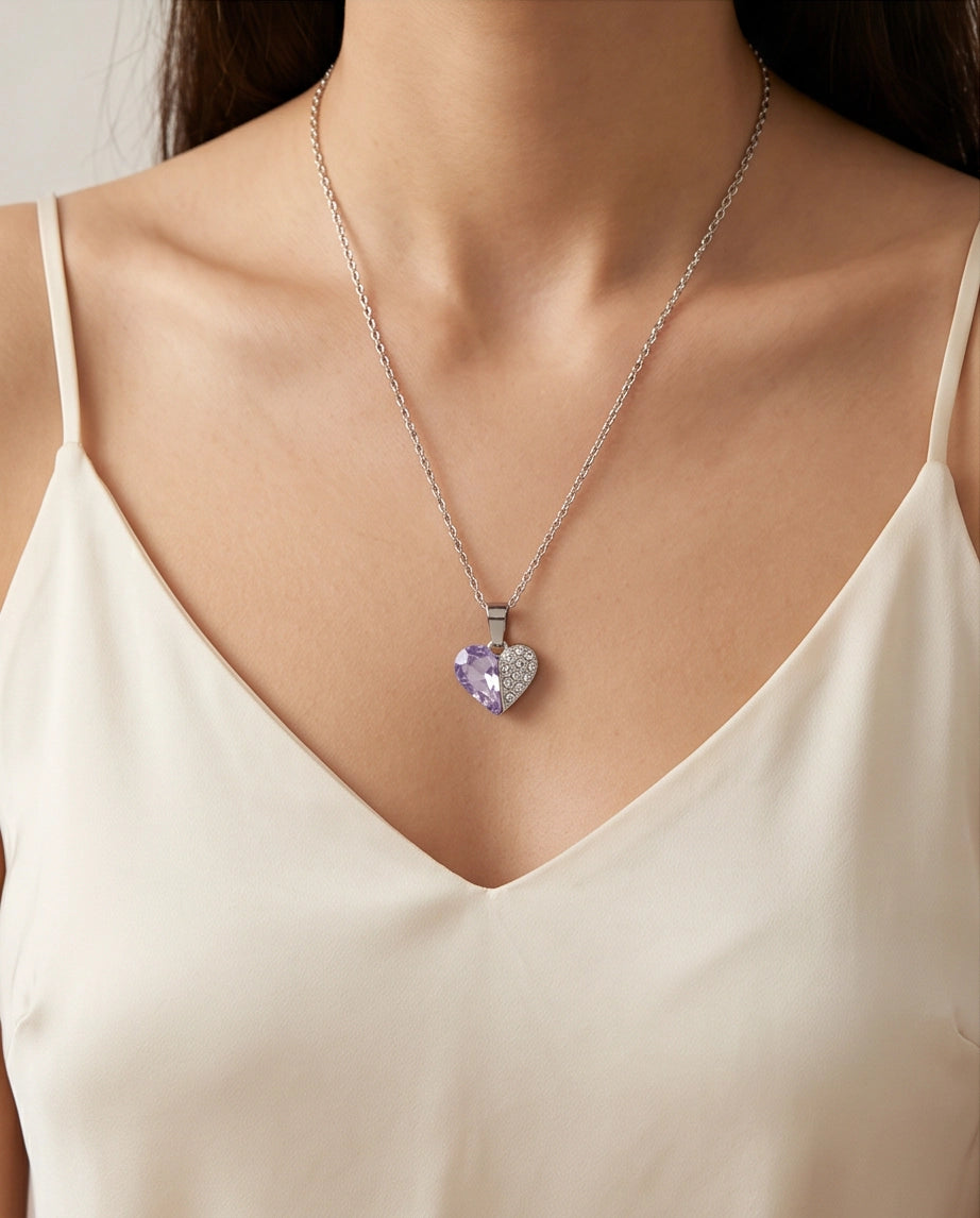 Silver Amethyst Heart Pavé Pendant Necklace