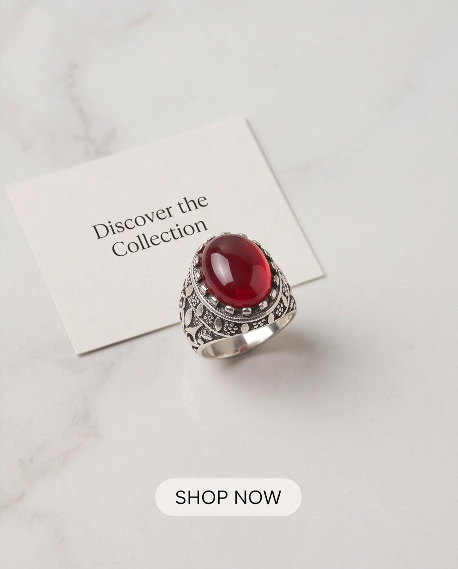 Crimson Red Oval Cabochon Ornate Leaf Scrollwork Silver Ring