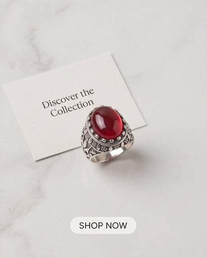 Crimson Red Oval Cabochon Ornate Leaf Scrollwork Silver Ring