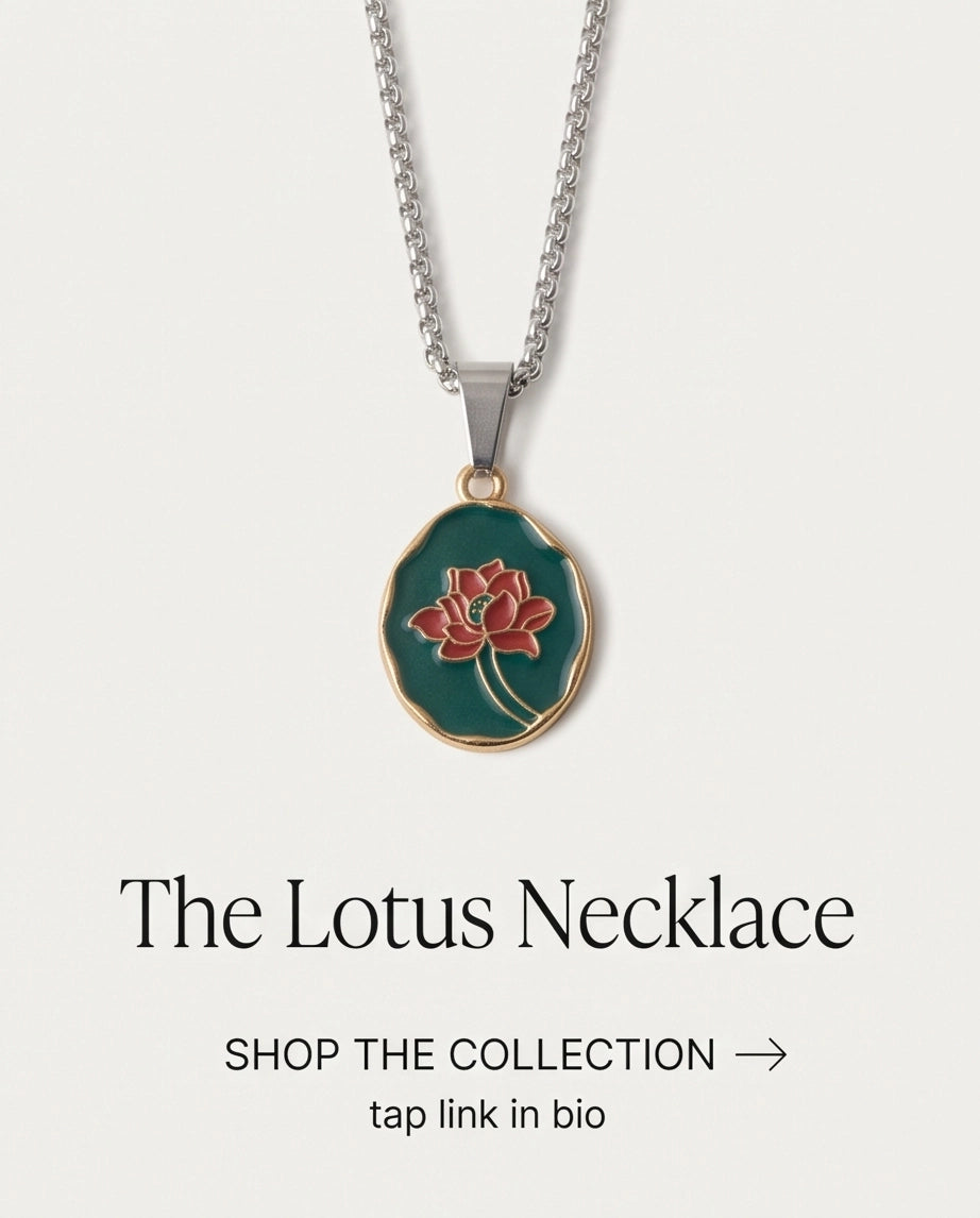 Gold Teal Lotus Enamel Medallion Chain Necklace