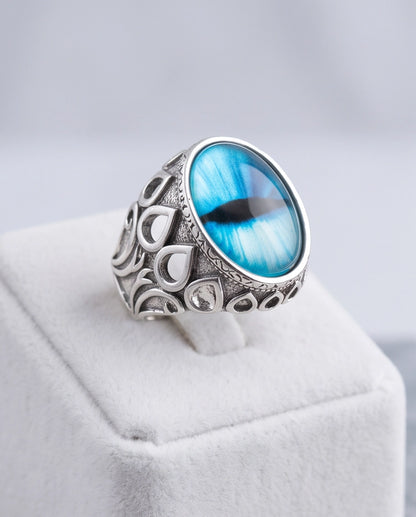 Azure Teardrop Filigree Slit-Pupil Silver Ring