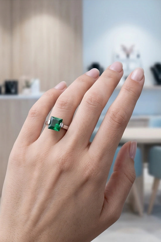 Sterling Silver Princess-Cut Deep Green Emerald Solitaire Ring