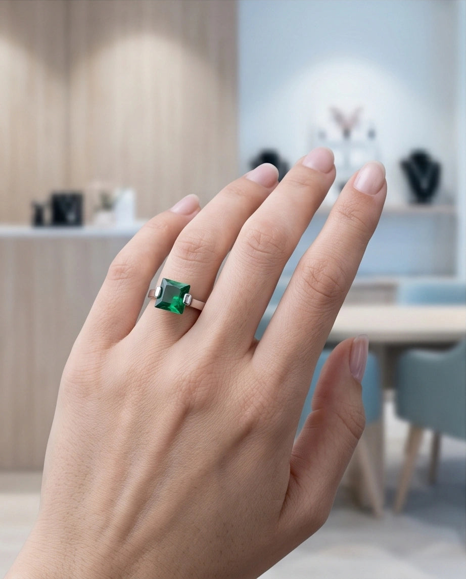 Sterling Silver Princess-Cut Deep Green Emerald Solitaire Ring