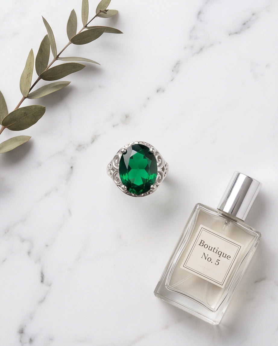 Silver Oval Emerald Gemstone Filigree Solitaire Ring