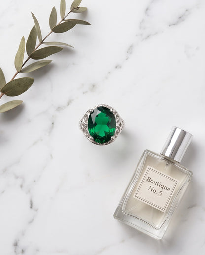 Silver Oval Emerald Gemstone Filigree Solitaire Ring