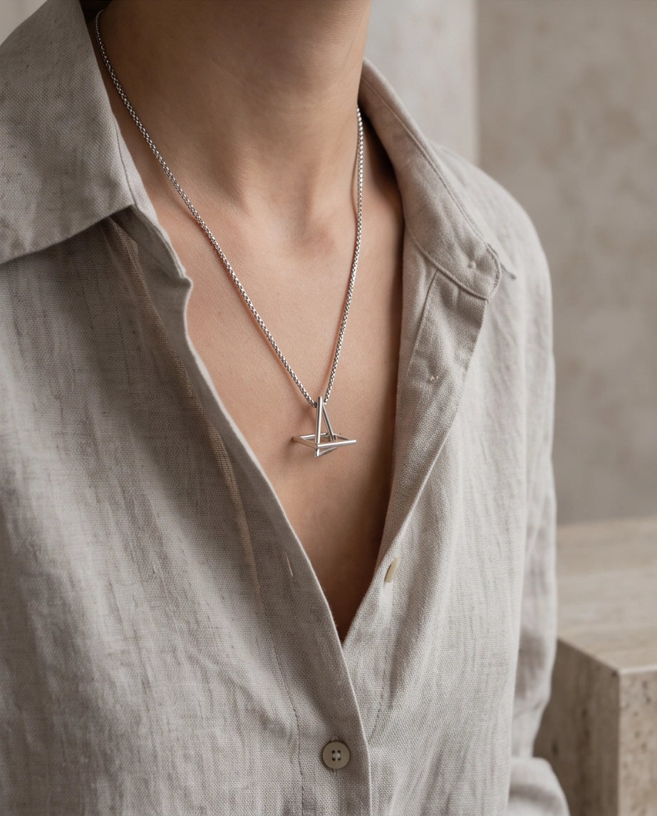 Silver Geometric Intersecting Triangle and Square Pendant Necklace
