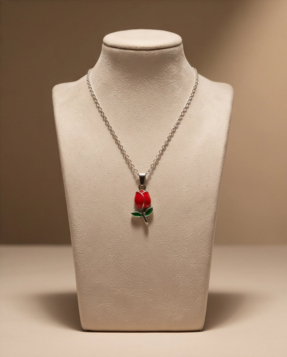 Silver Red Enamel Tulip Pendant Necklace
