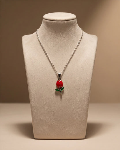 Silver Red Enamel Tulip Pendant Necklace