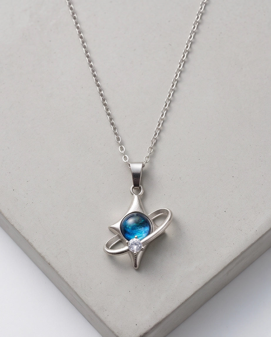 Silver Cosmic Four-Point Star Planet Ring Pendant Necklace
