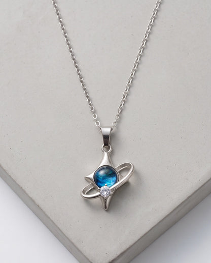 Silver Cosmic Four-Point Star Planet Ring Pendant Necklace