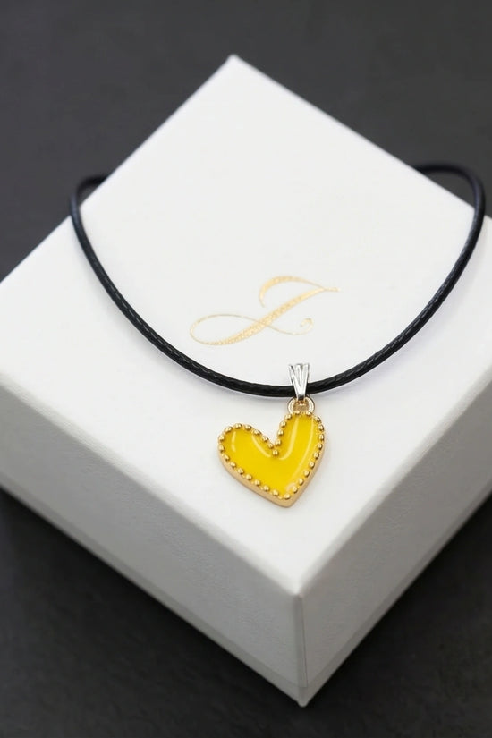Vibrant Yellow Beaded-Edge Heart Enamel Pendant Necklace