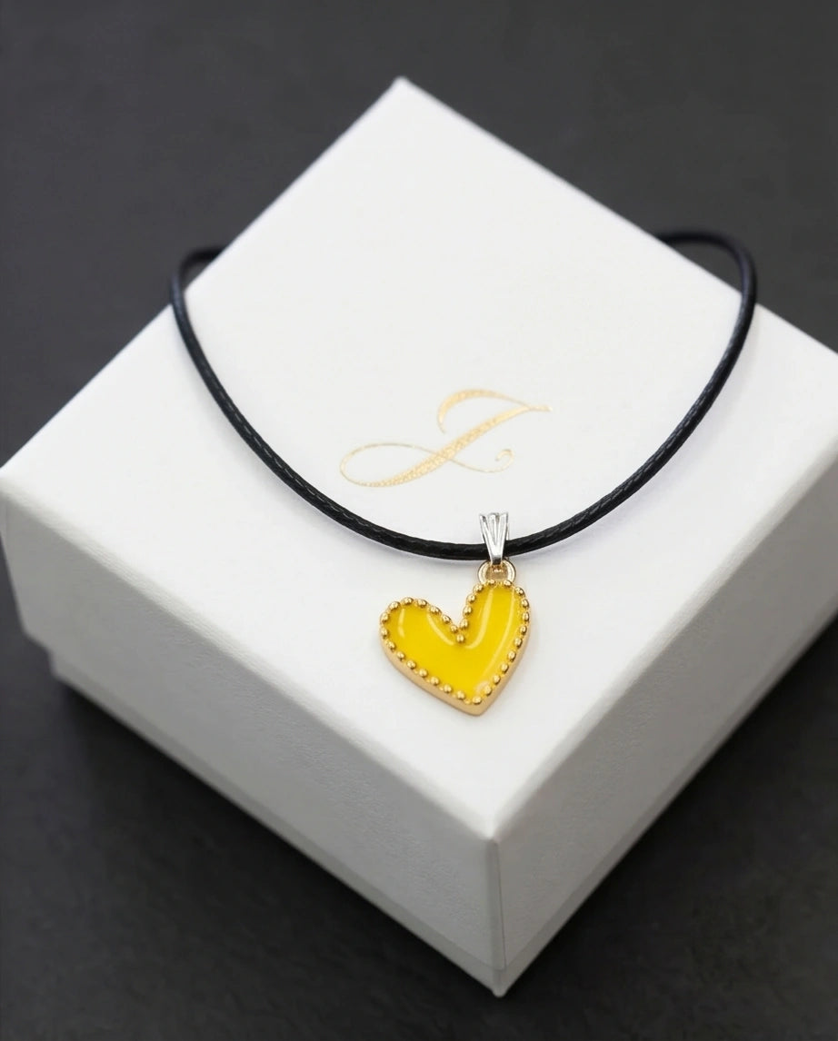 Vibrant Yellow Beaded-Edge Heart Enamel Pendant Necklace