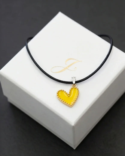 Vibrant Yellow Beaded-Edge Heart Enamel Pendant Necklace