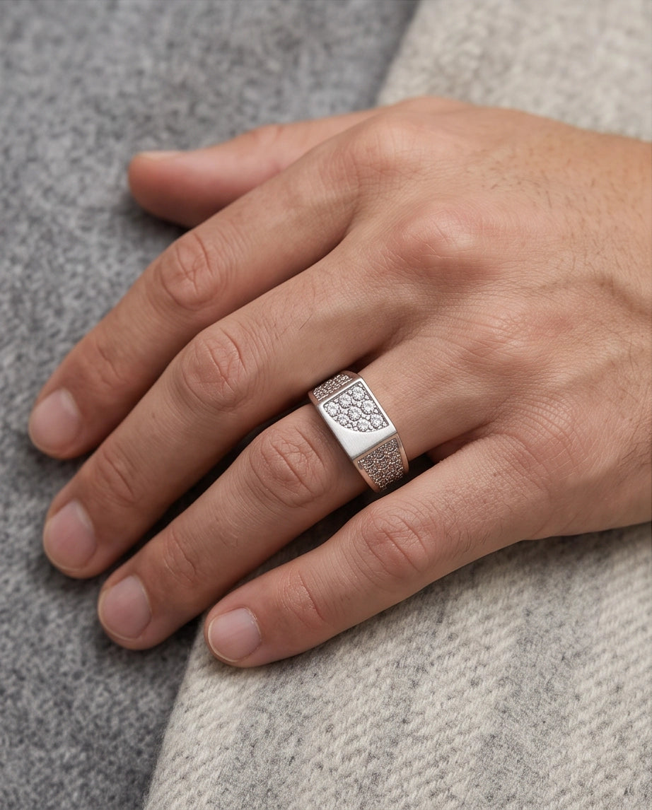 Pavé Crystal Cluster Inlay Brick-Link Band Silver Ring