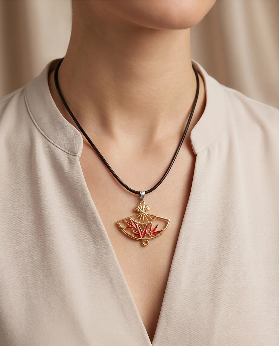Asian Folding Fan Pendant Necklace