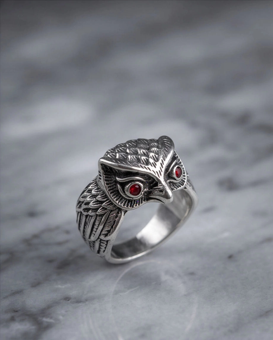 Ruby-Eyed Sculpted Owl Wing Ring