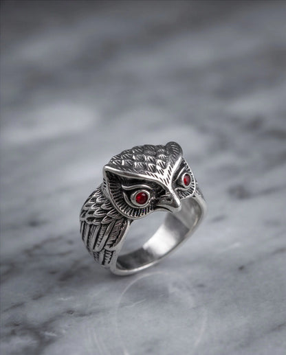 Ruby-Eyed Sculpted Owl Wing Ring