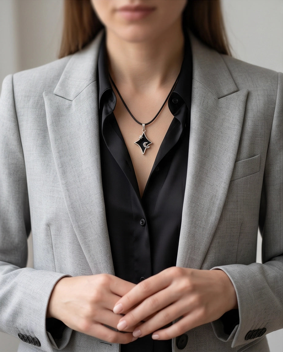 Celestial Black Starburst Moon Pendant Necklace