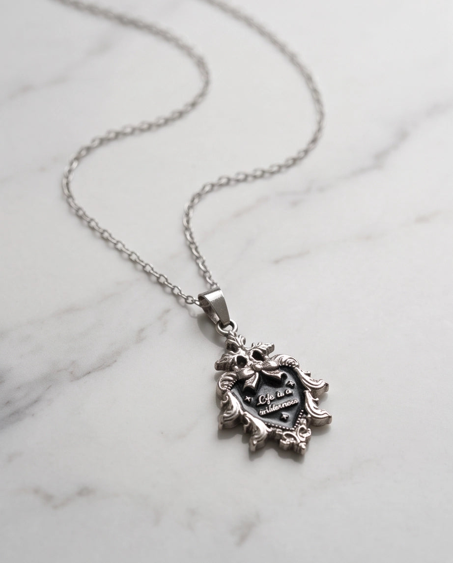 Silver Vintage Heart Engraved Black Enamel Pendant Necklace
