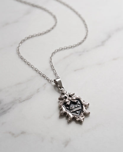 Silver Vintage Heart Engraved Black Enamel Pendant Necklace