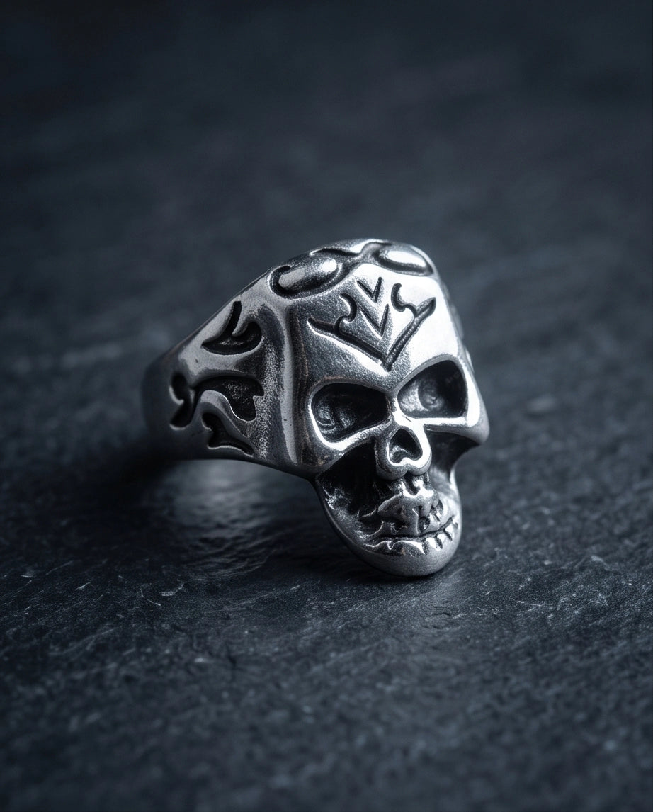 Crowned Tribal Filigree Skull Ring