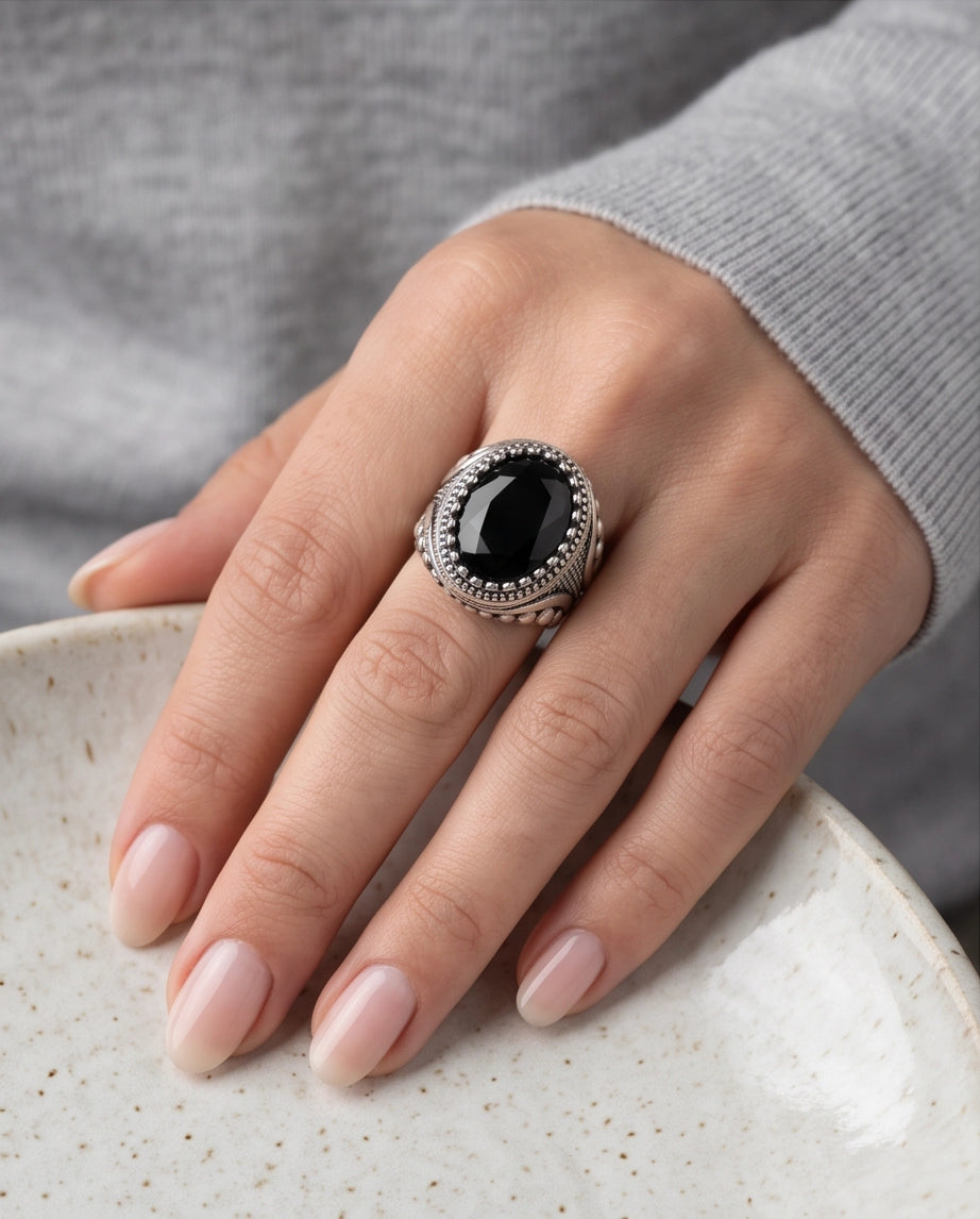 Black Gemstone Double Beaded Frame Studded Silver Ring