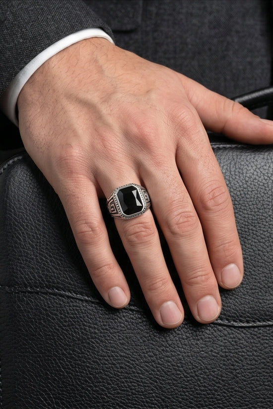 Vintage Greek Key Black Onyx Gemstone Ring