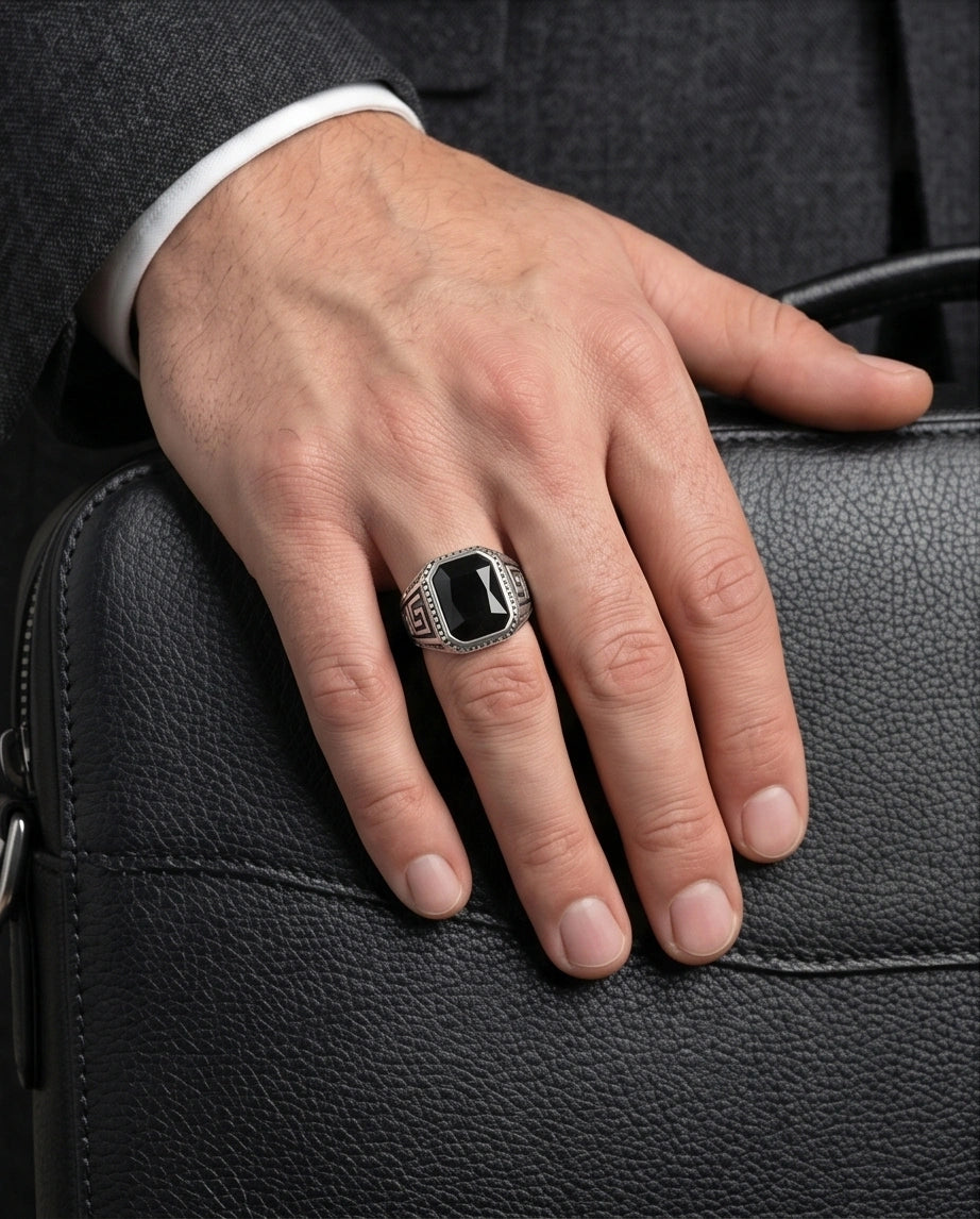 Vintage Greek Key Black Onyx Gemstone Ring