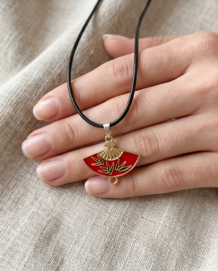 Crimson Bamboo Fan Pendant Necklace