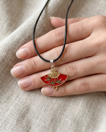Crimson Bamboo Fan Pendant Necklace