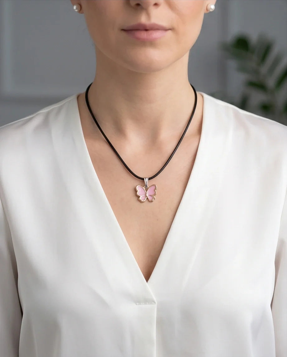 Pink Butterfly Enamel Pendant Necklace